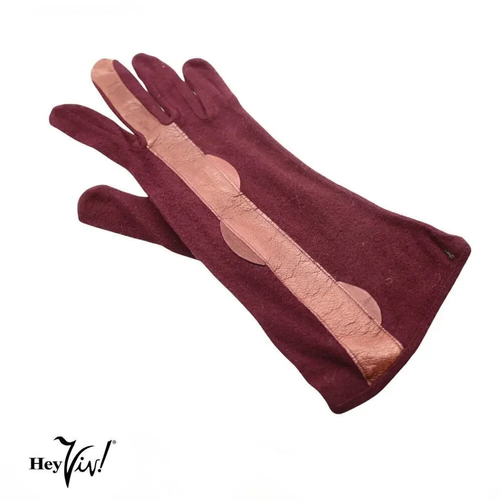 Vintage Gloves Burgundy Rayon w Leather Applique Wrist Length Sz 6 1/2 - Hey Viv